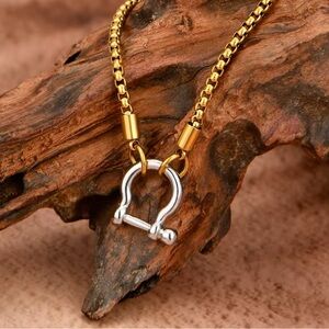 18K Gold & White Gold Chunky Small Horseshoe Carabiner Front Closure Necklace